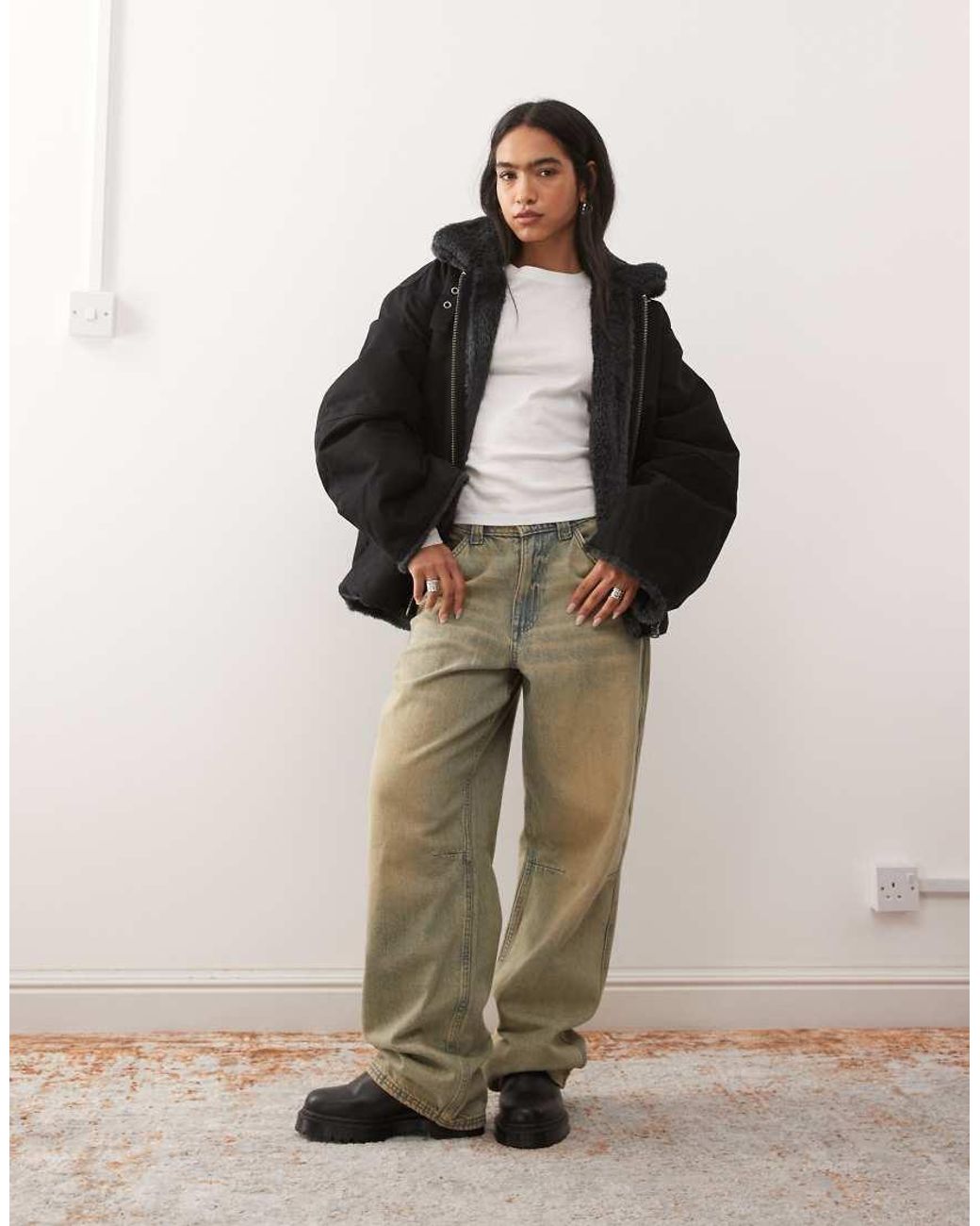 Weekday Black Canvas Jacket With Faux Fur Collar