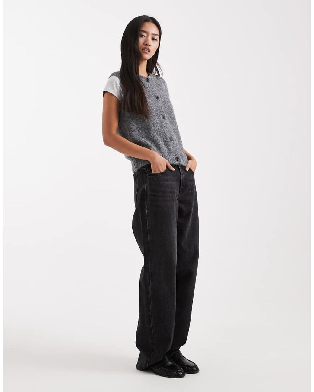 Vero Moda Gray Soft Fluffy Knit Rib Button Front Vest