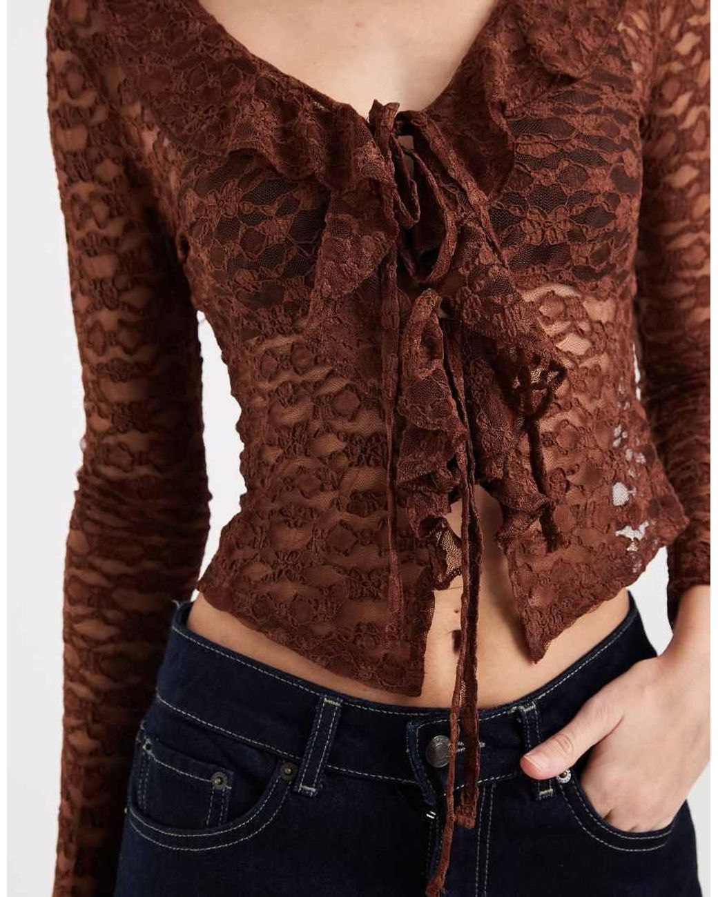 Miss Selfridge Blue Lace Ruffle Detail Long Sleeve Top