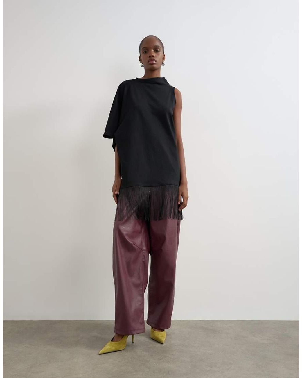 TOPSHOP Black Draped Asymmetric Fringe Detail Top