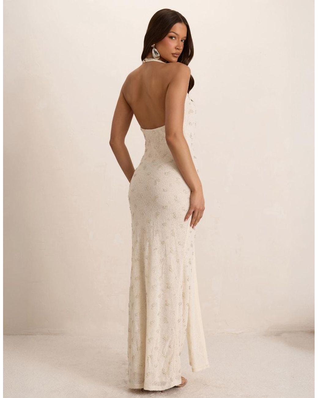 Missy Empire Natural Embellished Knit Plunge Drape Maxi Dress