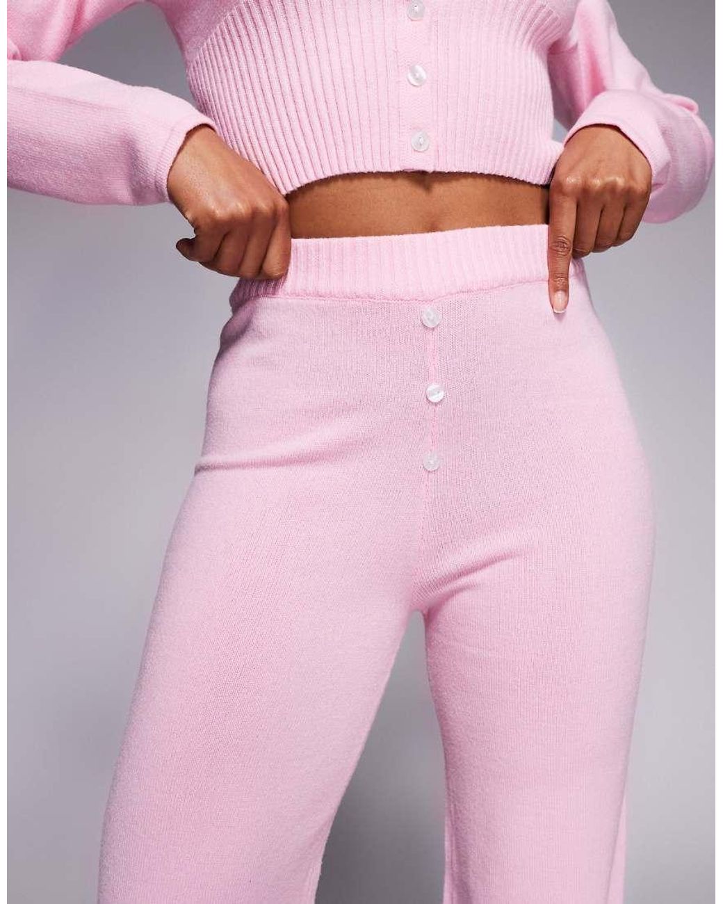 Aria Cove Pink Knitted Boxer Style Button Detail Wide Leg Trouser Co-ord