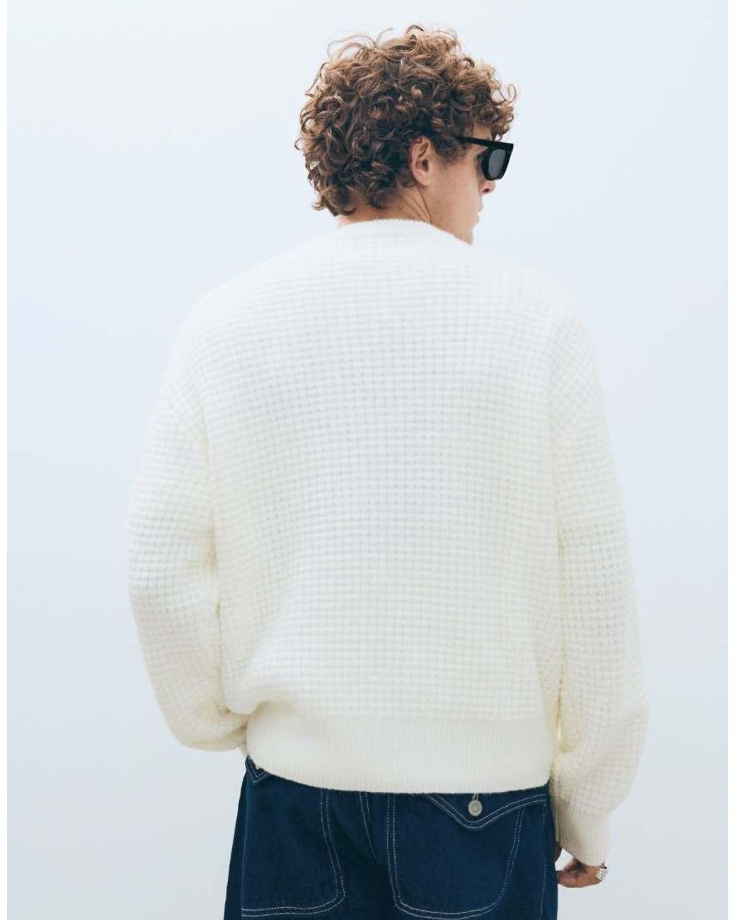 Bershka White Embroidered Waffle-Knit Jumper for men