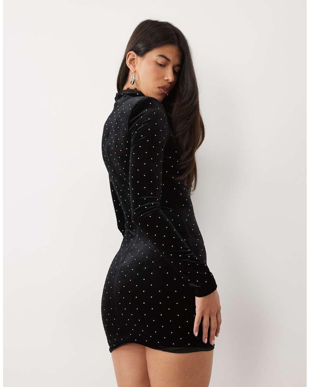 Ruched & Ready Black Velvet Hotfix Mandarin Collar High Neck Lace Trim Shoulder Pad Mini Dress