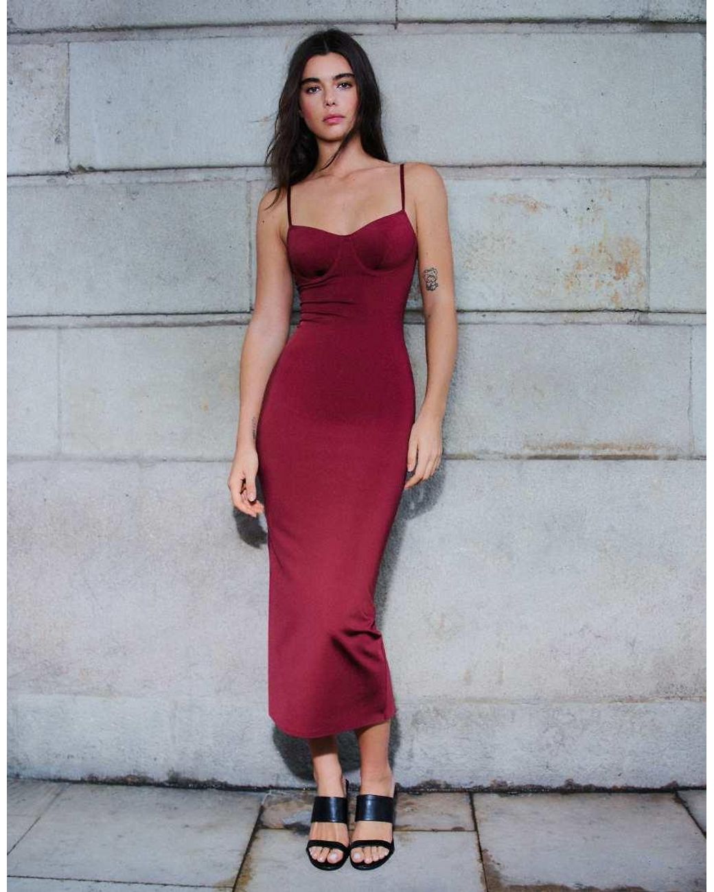 Bershka Gray Midi Dress With Straps And Sweetheart Neckline