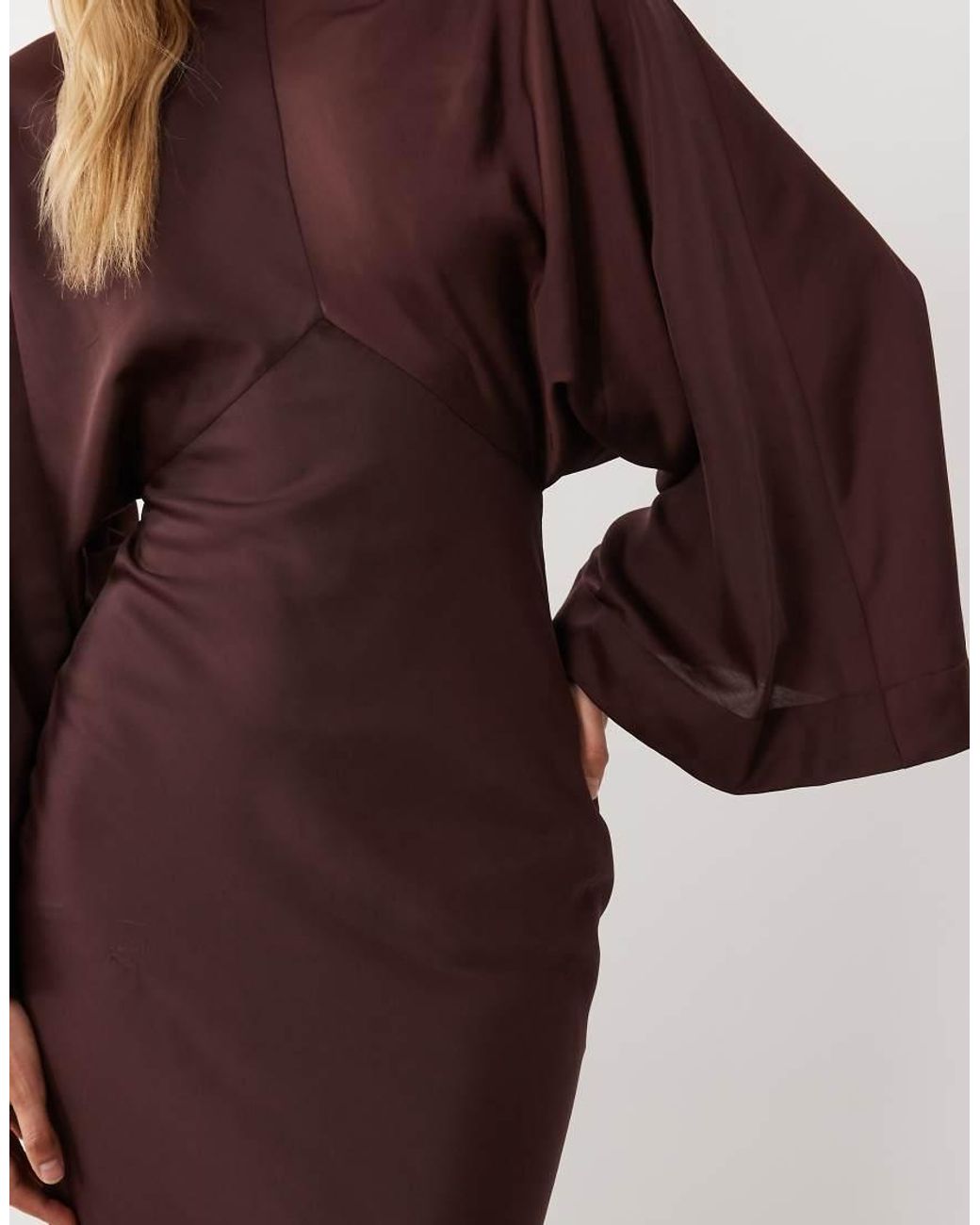 ASOS Brown Cape Kimono Sleeve Maxi Dress With Godets And Tassel Tie Detail