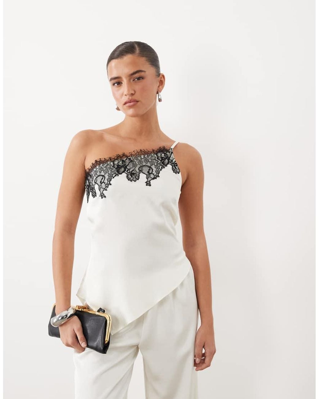 The Frolic White Satin Lace Trim Asymmetric Hem Top Set
