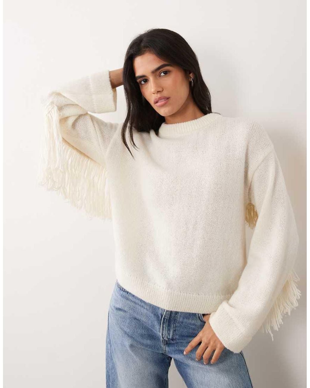 Pieces Natural Oversized Knitted Fringe Jumper