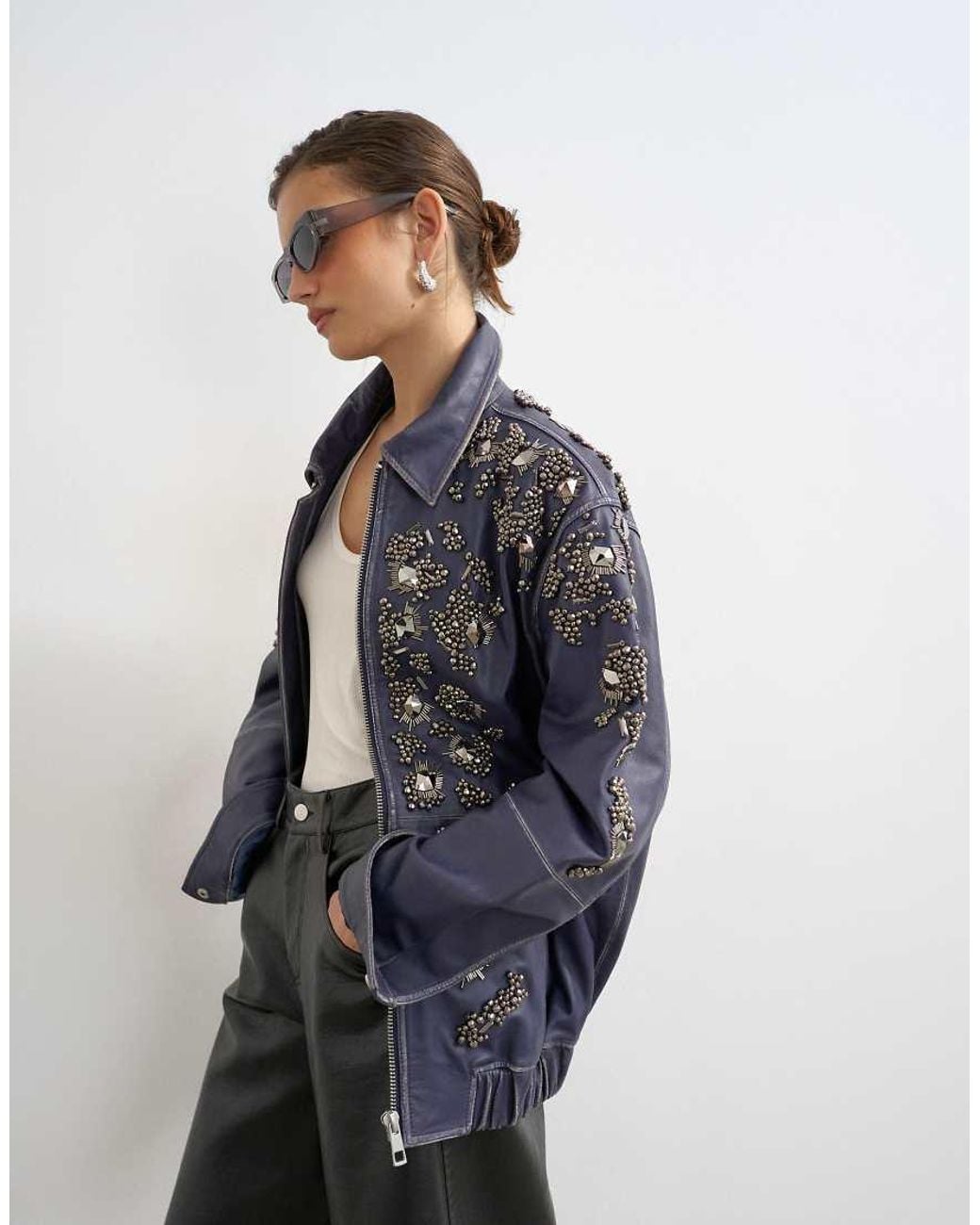 TOPSHOP Blue Beaded Real Leather Jacket