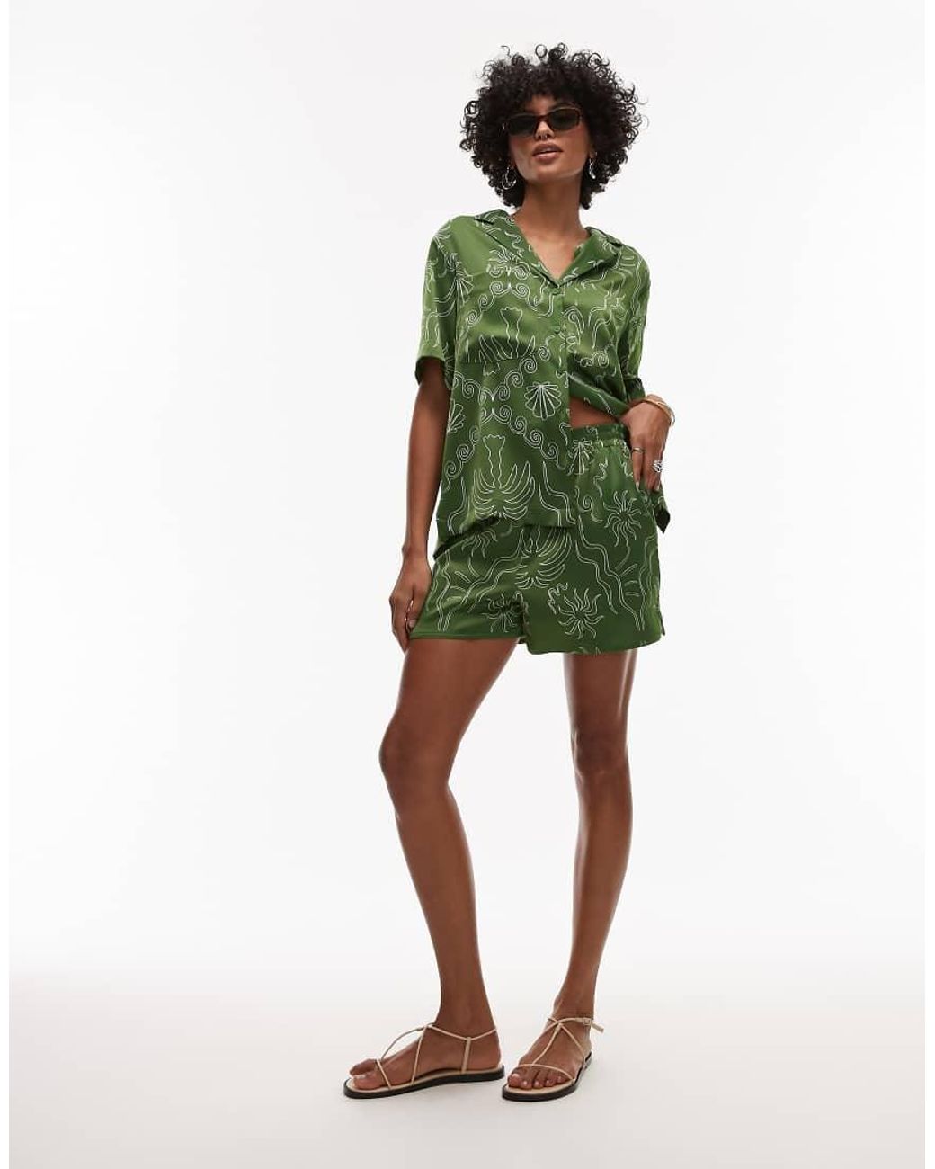 TOPSHOP Green Satin Palm Tree Shorts