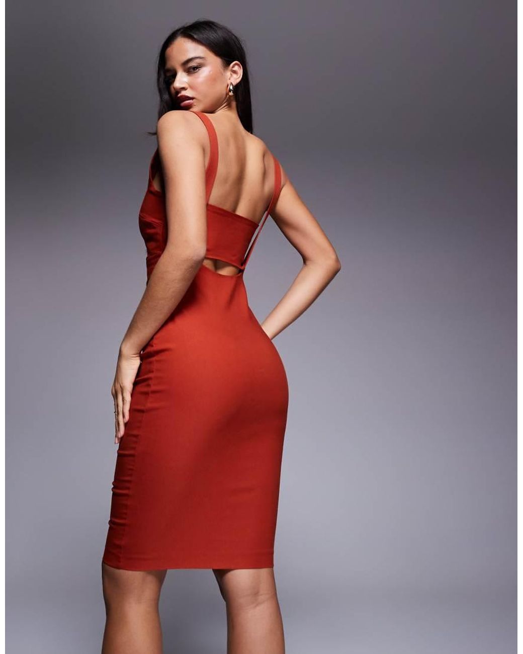 Vesper Red Square Neck Bodycon Midi Dress