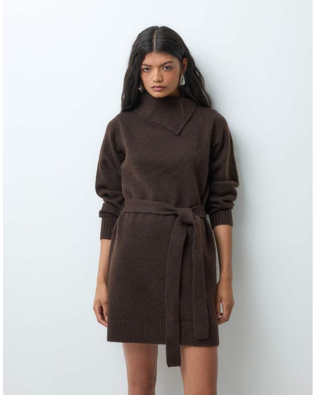 Vero Moda Brown Long Sleeve Split Neck Knitted Mini Dress With Tie Waist