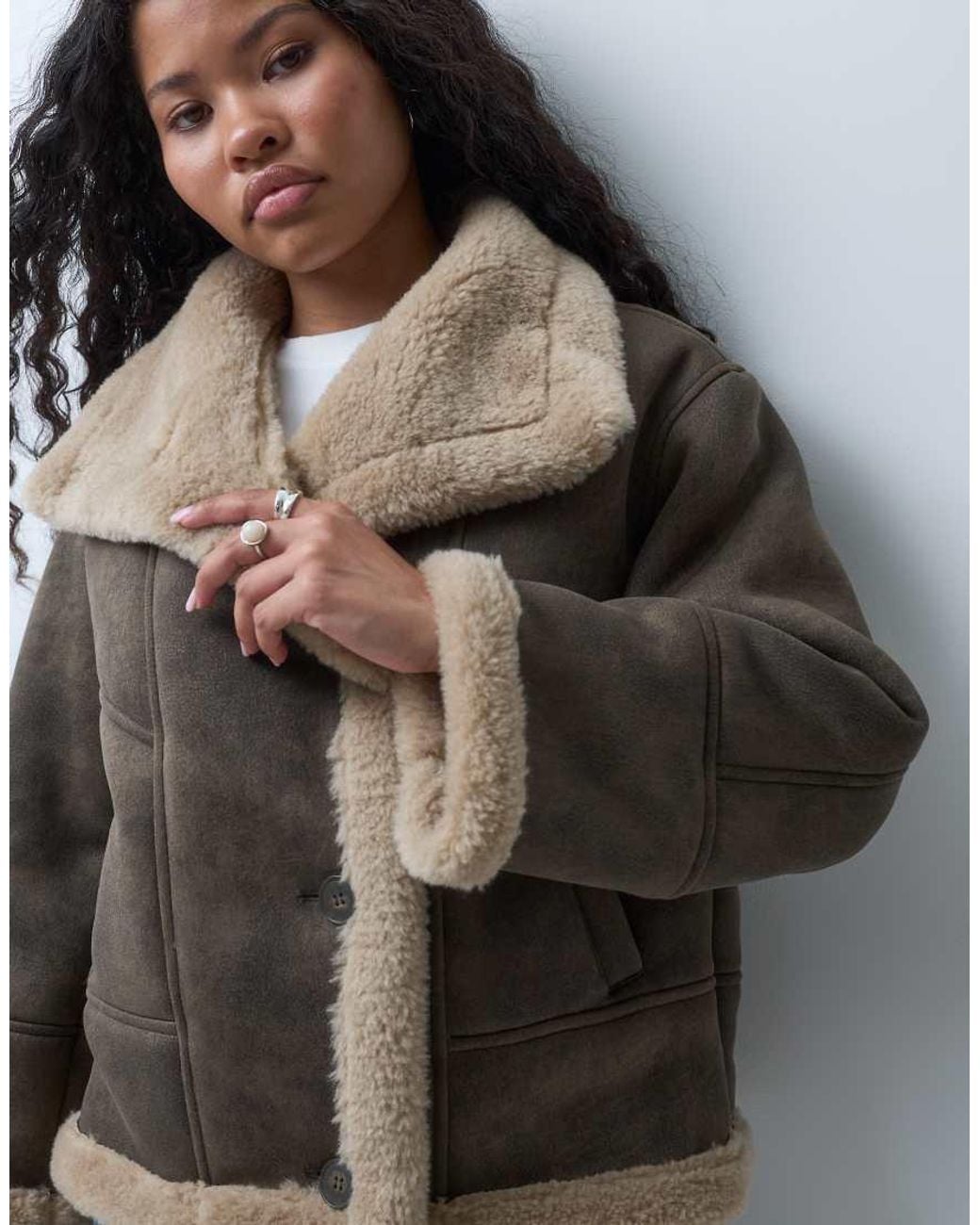 ASOS Black Asos Design Petite Waterfall Collar Borg Lined Shearling Jacket