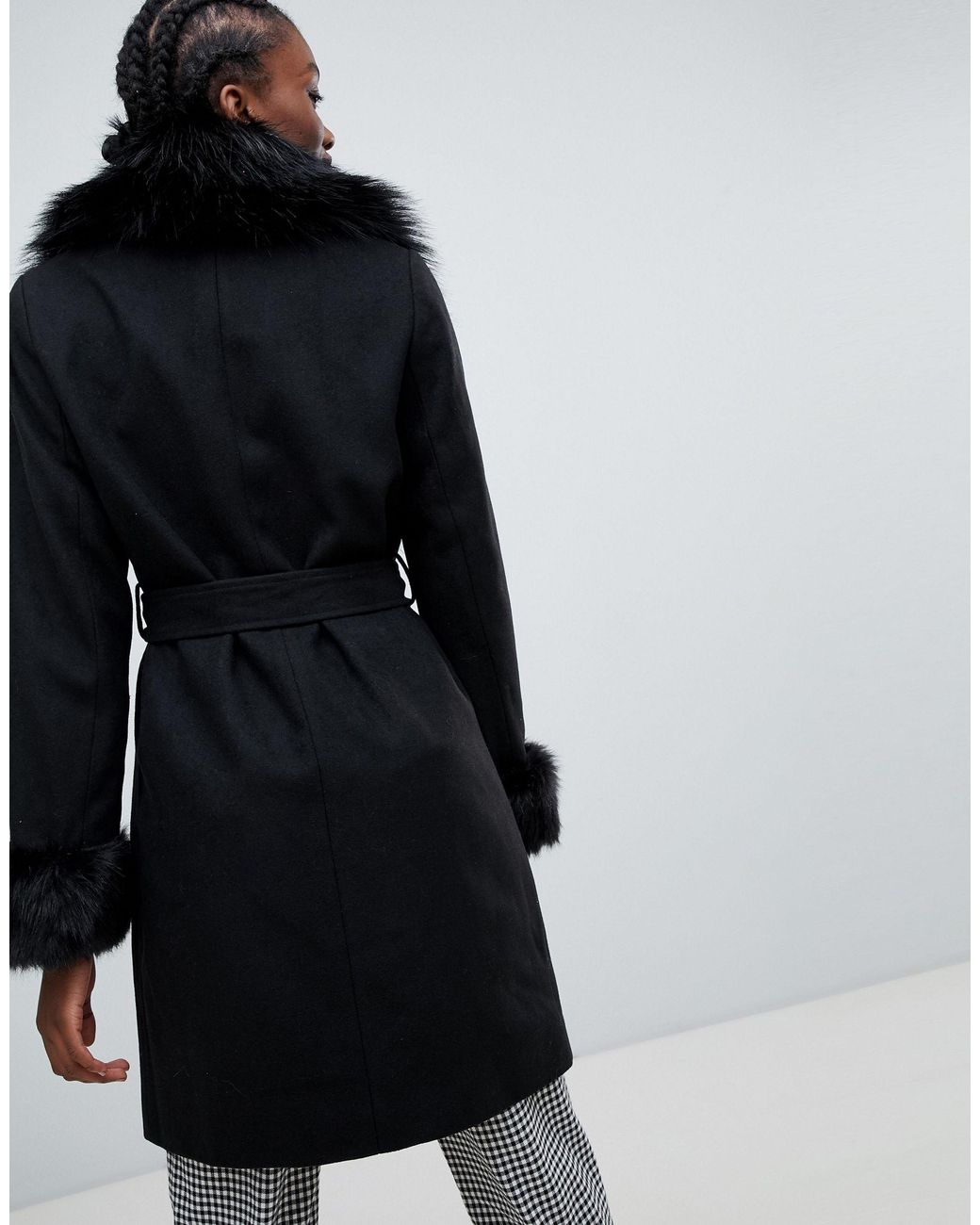 New Look Faux Fur Trim Coat in Black | Lyst