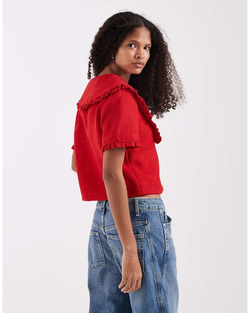River Island Blue Oversized Collar Detailing Bouclé Top