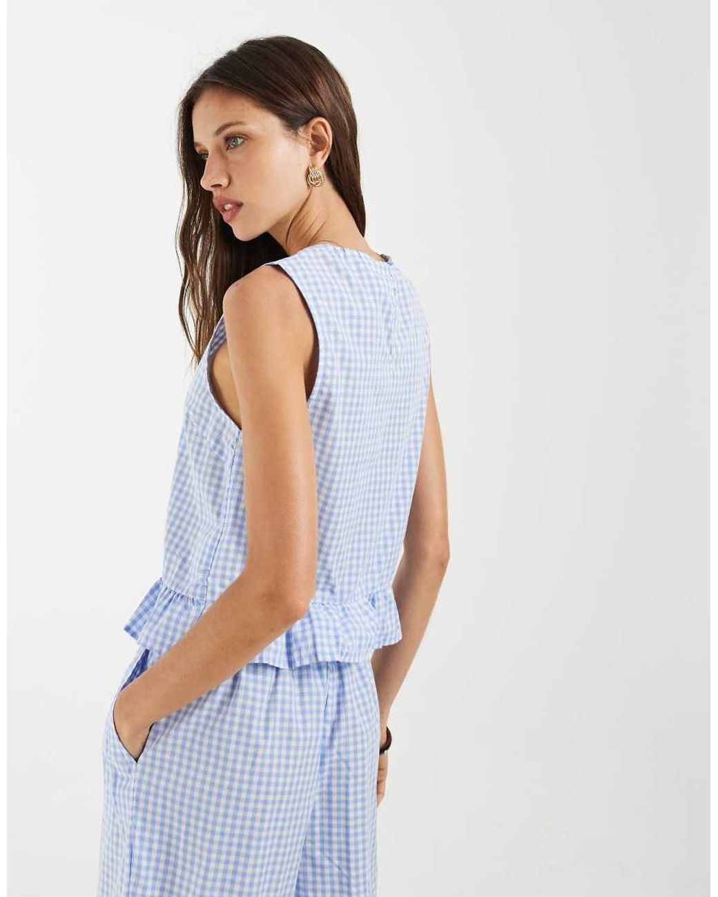 Pieces Blue Sleeveless Top With Frill Hem