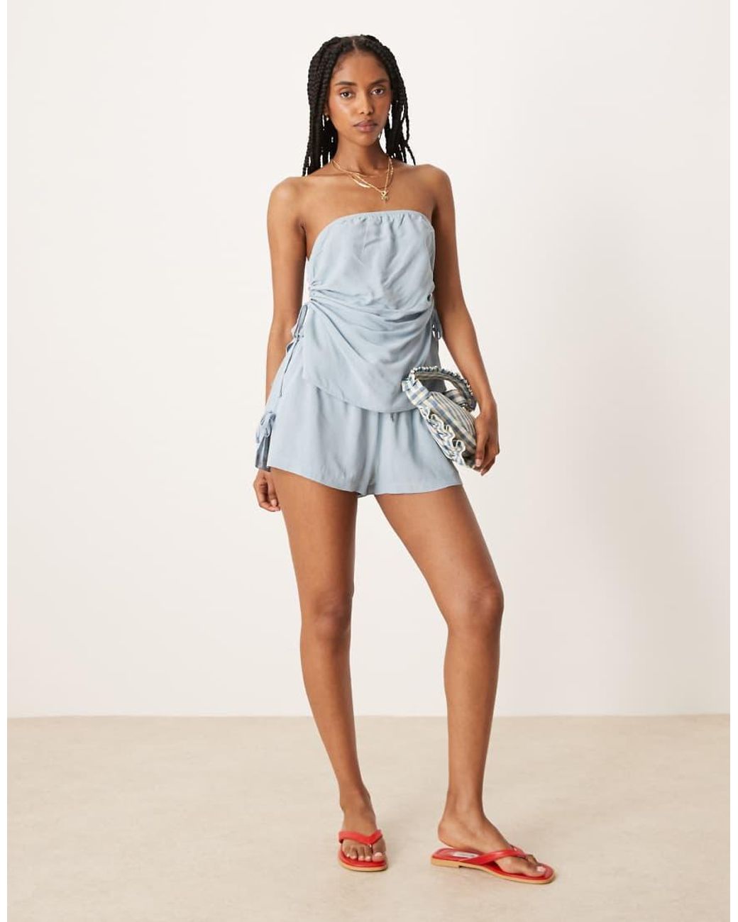 ASOS White Linen Blend Ruched Tie Side Bandeau Top
