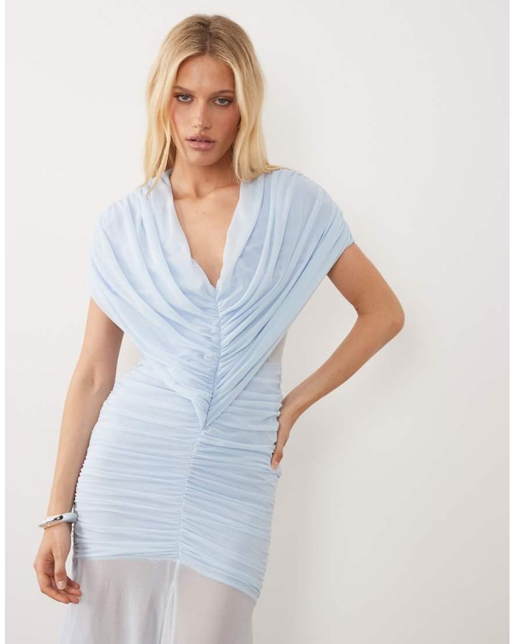 ASOS White Gathered Drape V Neck Stretch Chiffon Maxi Dress