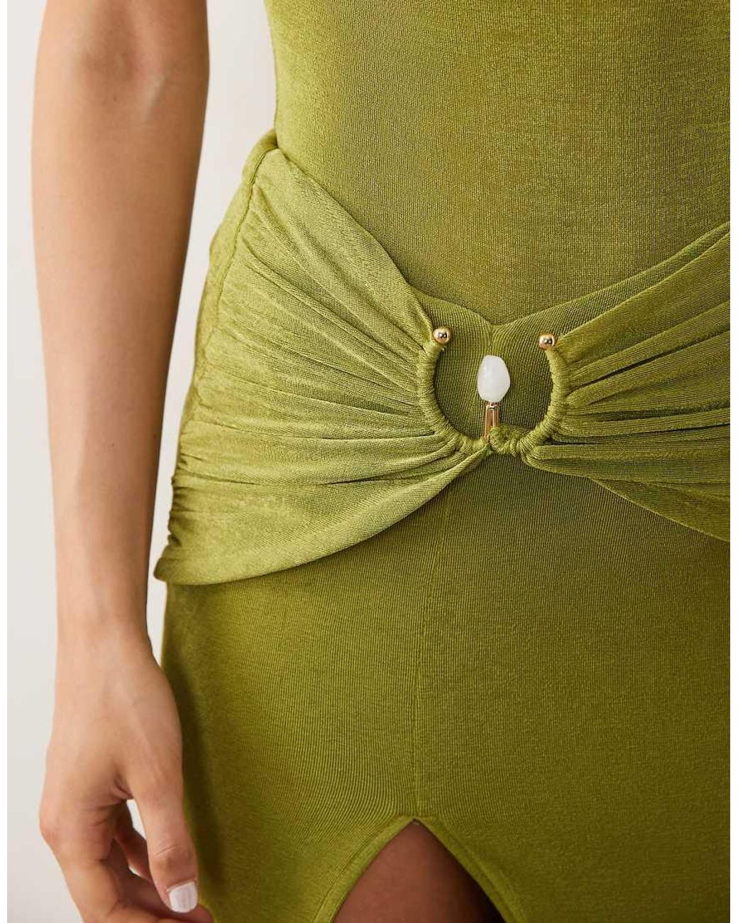 Ruched & Ready Green Ruched & Ready Textured Slinky Drape Waist Gold Hardware Split Front Maxi Skirt