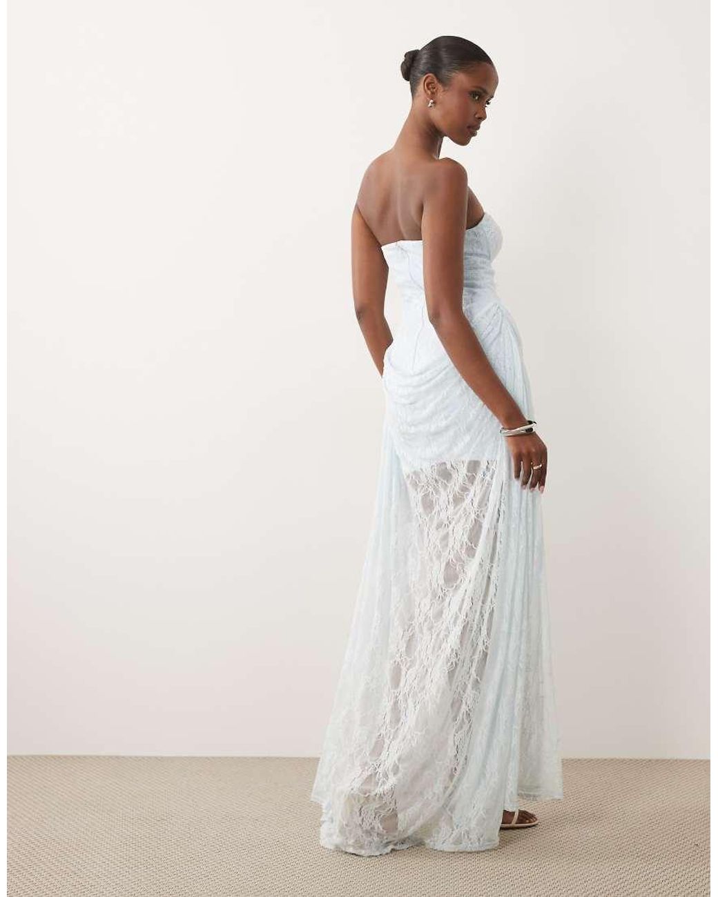 ASOS White Premium Corset Bandeau Lace Maxi Dress With Drape Skirt Overlay
