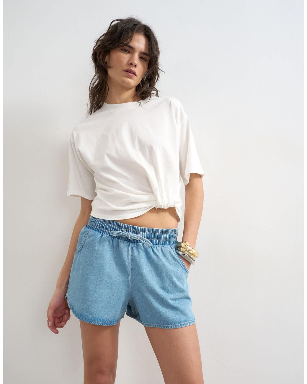TOPSHOP White Denim Mini Runner Short