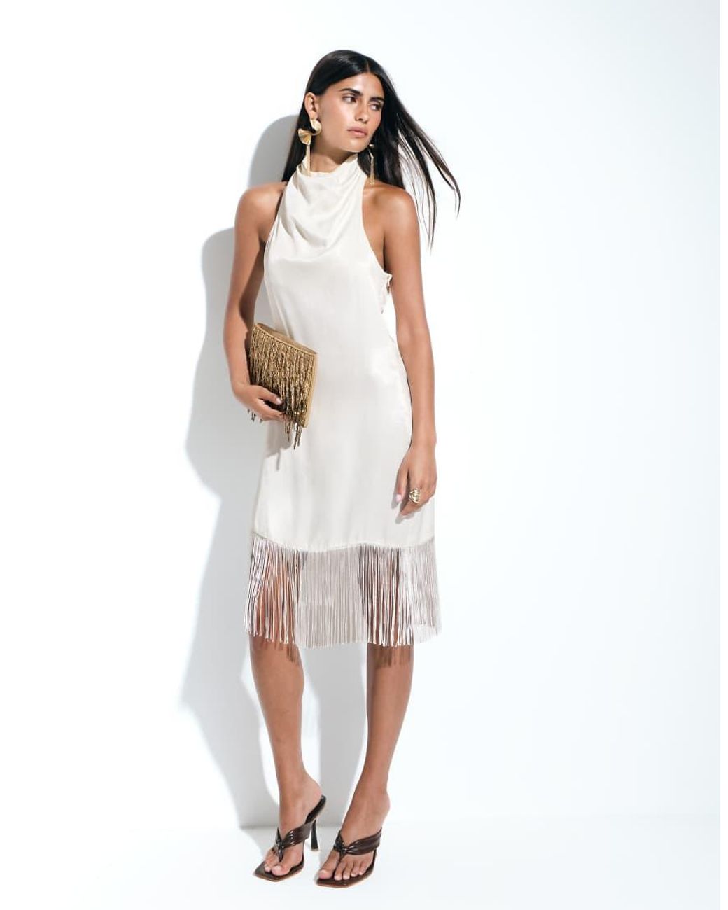 ASOS White Satin Cowl Neck Fringe Detail Mini Dress