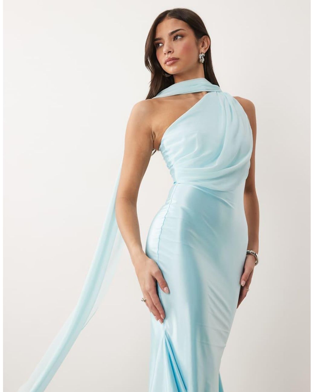 Oh Polly Blue One Shoulder Scarf Detail Asymmetric Hem Midi Dress