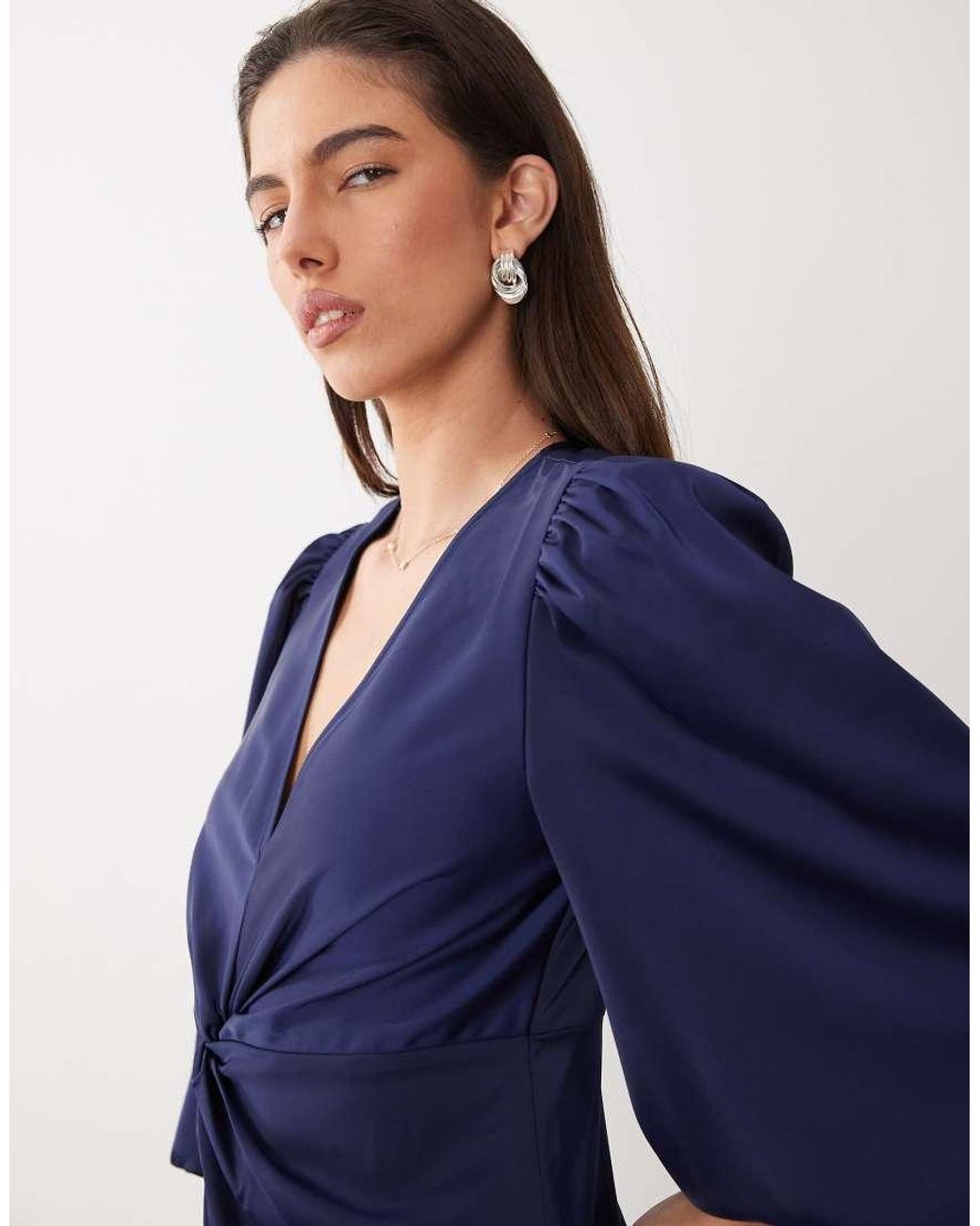 Y.A.S Blue Knot Front Volume Sleeve Satin Midi Dress