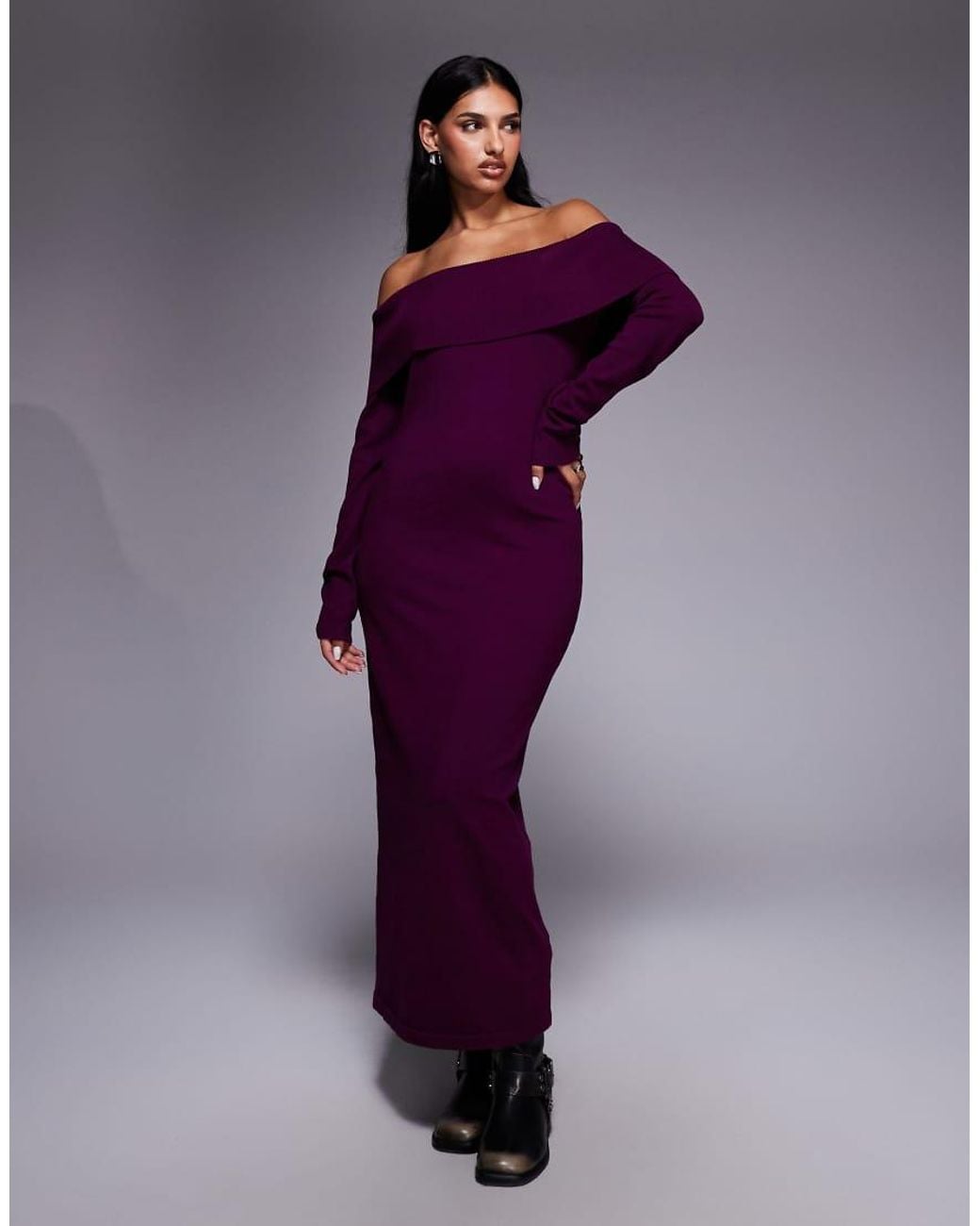 Kaiia Purple Exclusive Slouchy Off The Shoulder Foldover Knit Maxi Dress