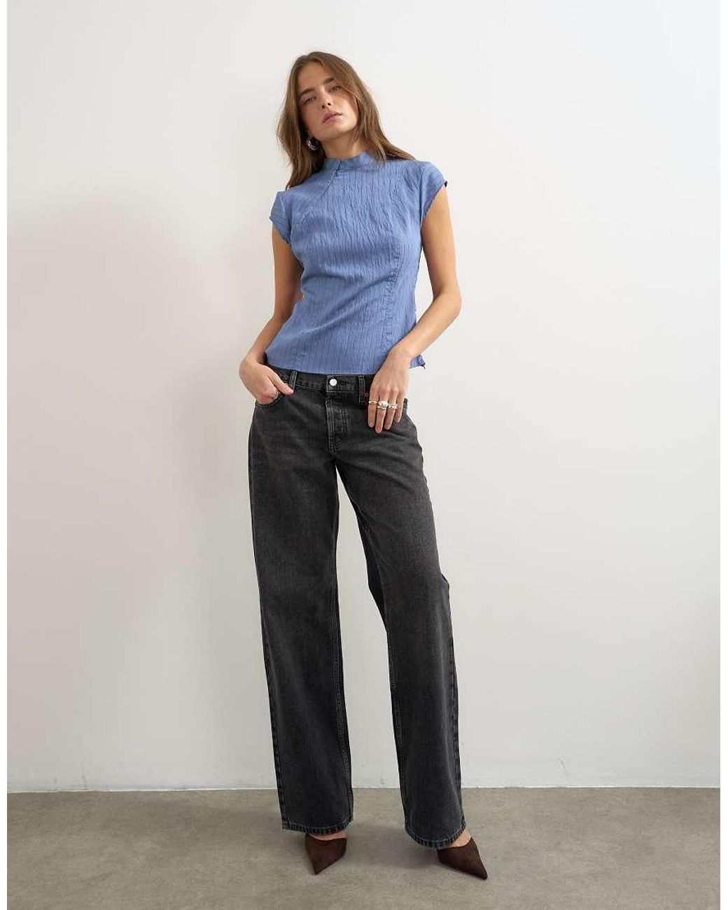 TOPSHOP Blue High Neck Zip Detail Top