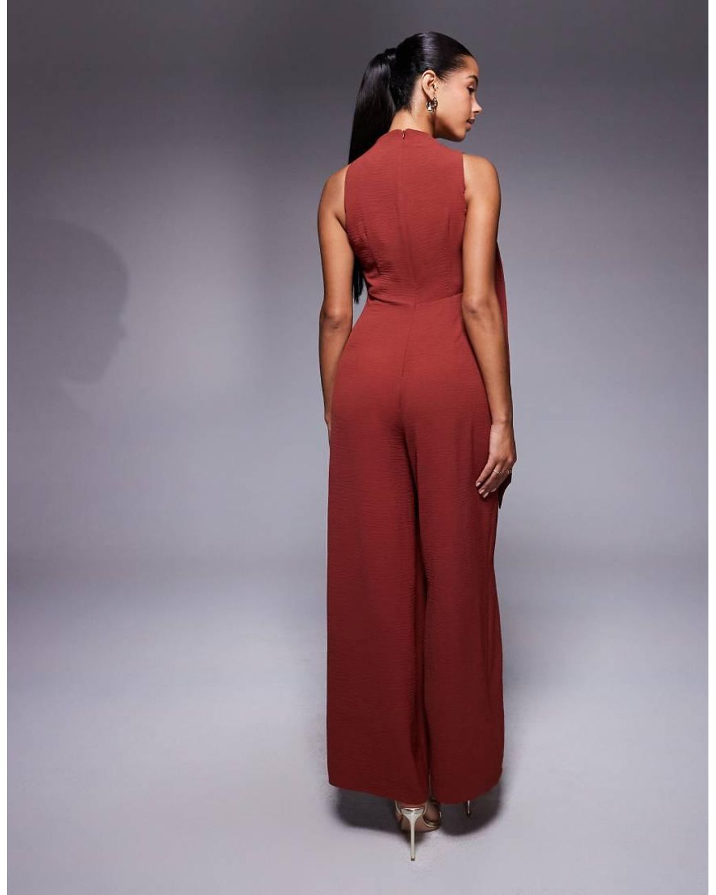 ASOS Red Cowl Draped Neck Wide Leg Jumpsuit With Tie Detail