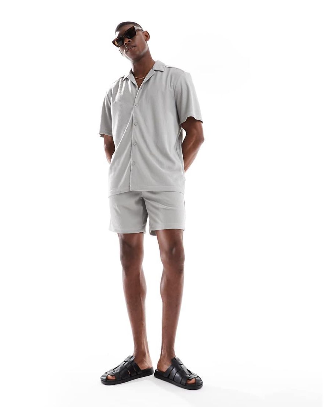 Only & Sons Gray Plisse Shorts Co-ord for men