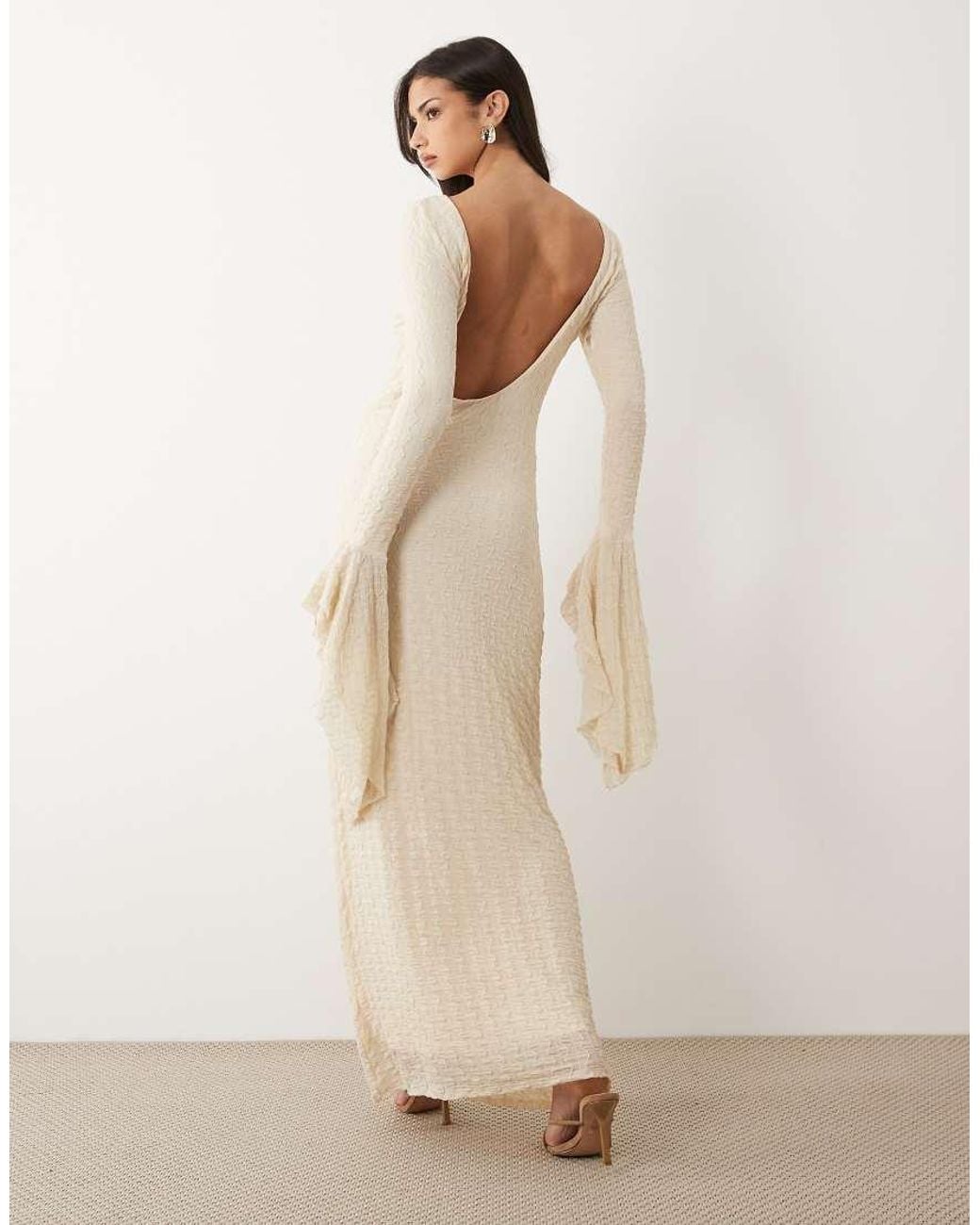 ASOS Natural Textured Mesh Slash Neck Maxi Dress With Extreme Ruffle Sleeve