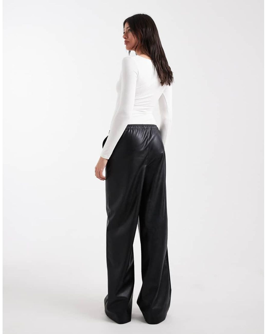 Vero Moda Black Tie Waist Wide Leg Faux Leather Trouser