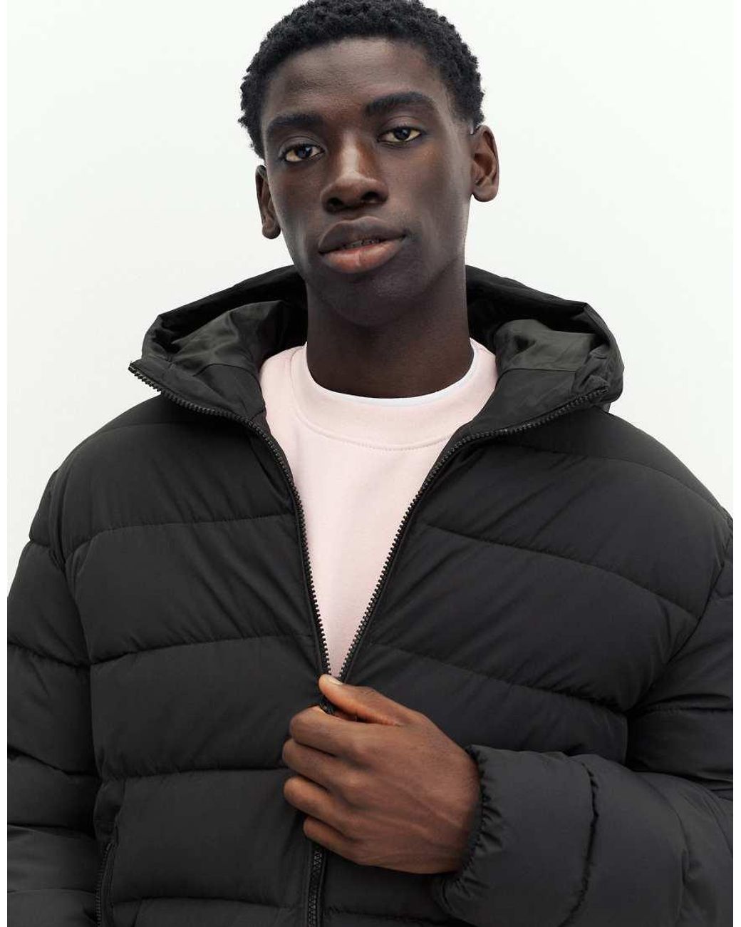 Pull&Bear Black Puffer Jacket With Hood for men