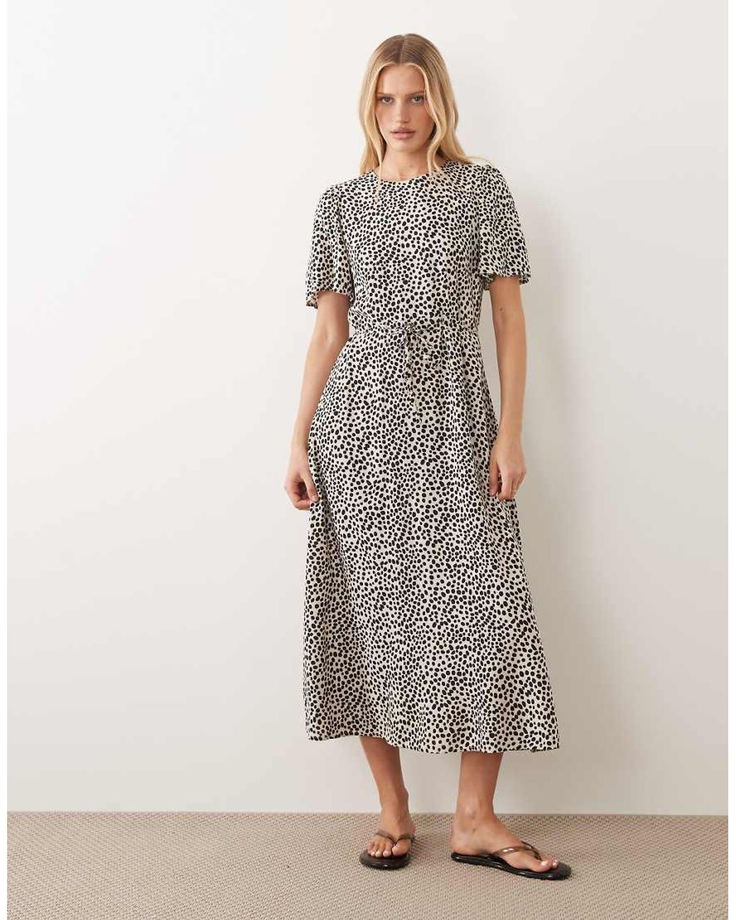 Vila Gray Tie Waist Polka Dot Midi Dress