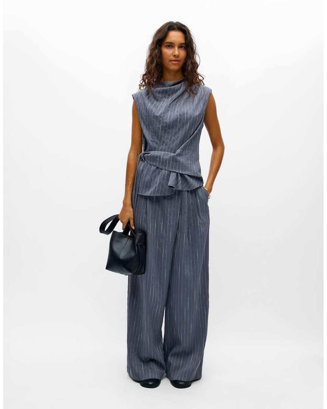 Object Blue Loy Striped Crew Neck Sleeveless Wrap Top