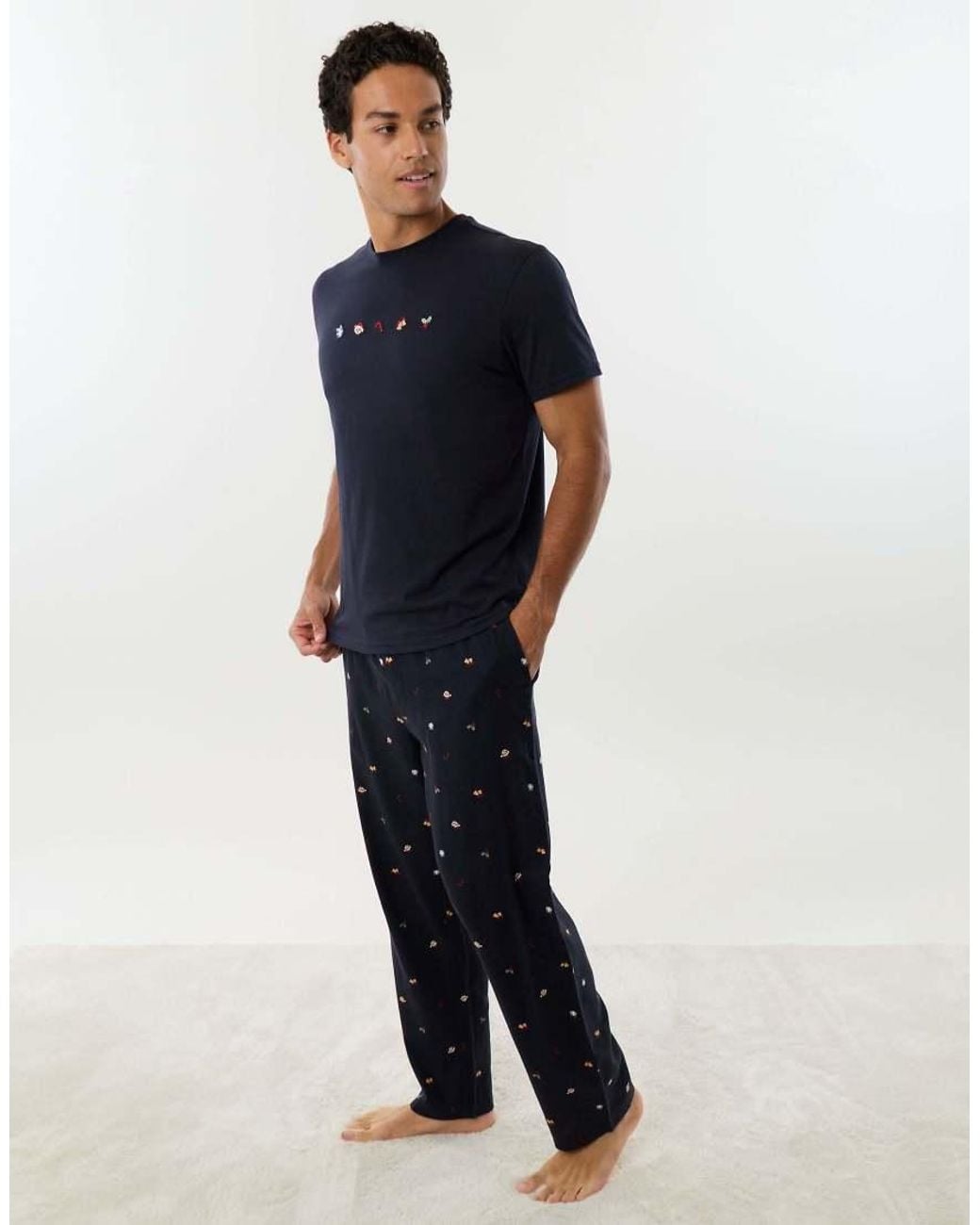 Threadbare Blue Embroidered Christmas Pyjama Set for men