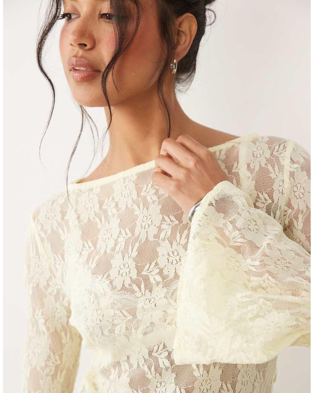 ASOS Natural Sheer Lace Fluted Cuff Top