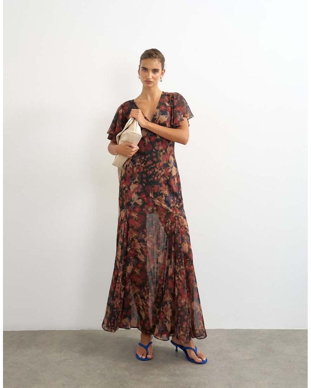 TOPSHOP Brown Flutter Sleeve Floral Print Maxi Dress-multi