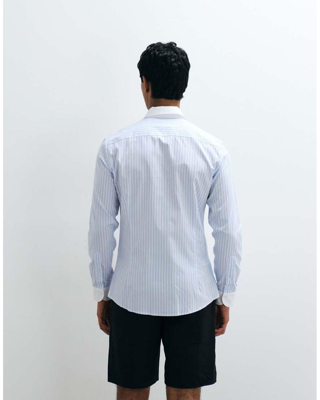 Mango White 100% Cotton Contrast Trim Long Sleeve Striped Shirt for men