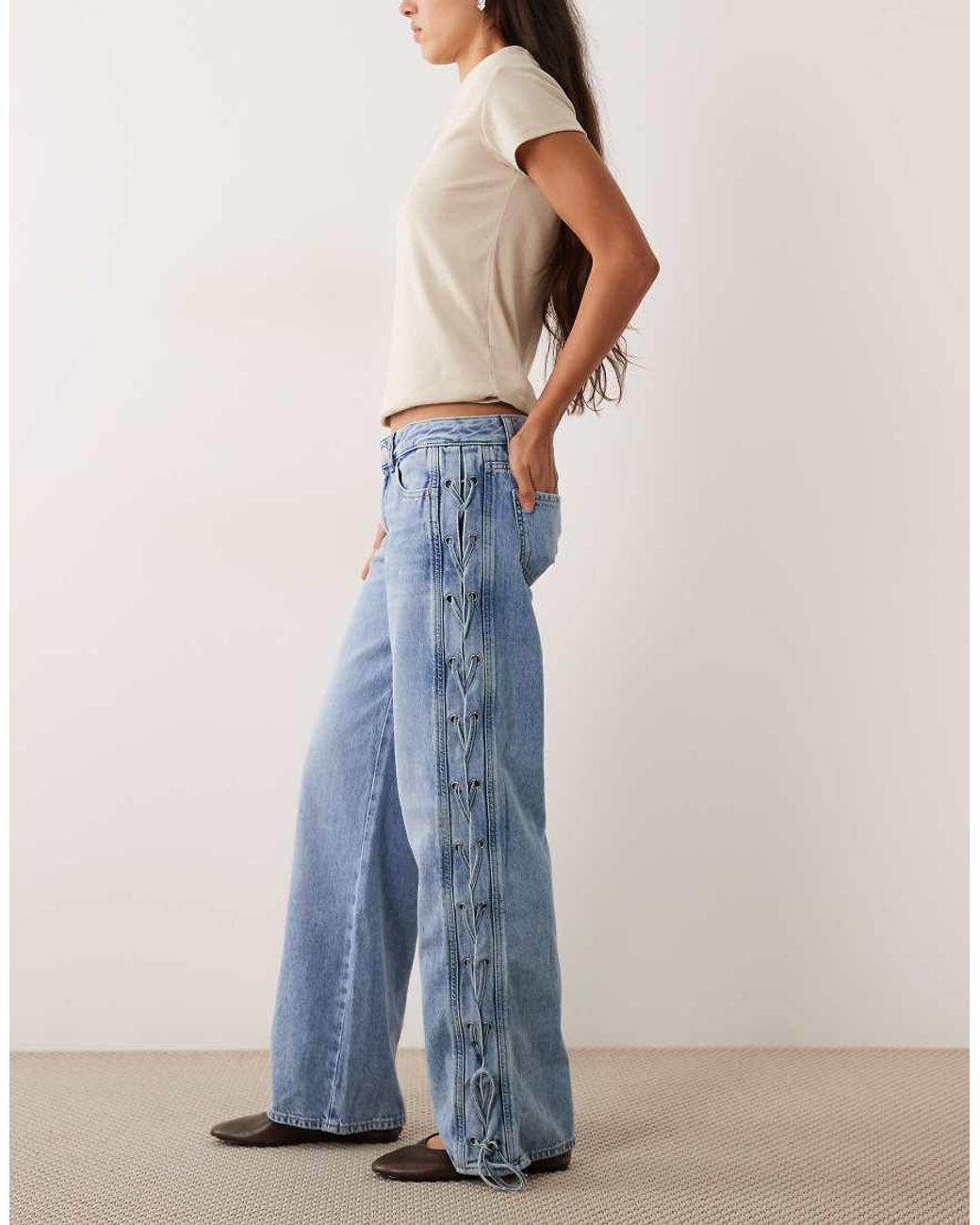 Mango Blue Tie Side Leg Detail Straight Leg Jean