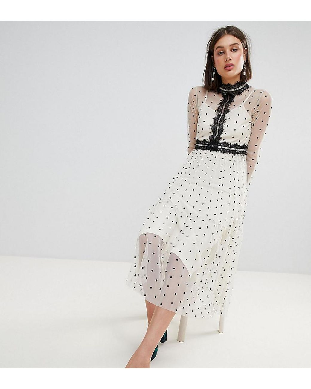 LACE & BEADS Polka Dot Midi Dress With Lace Inserts in Natural Lyst