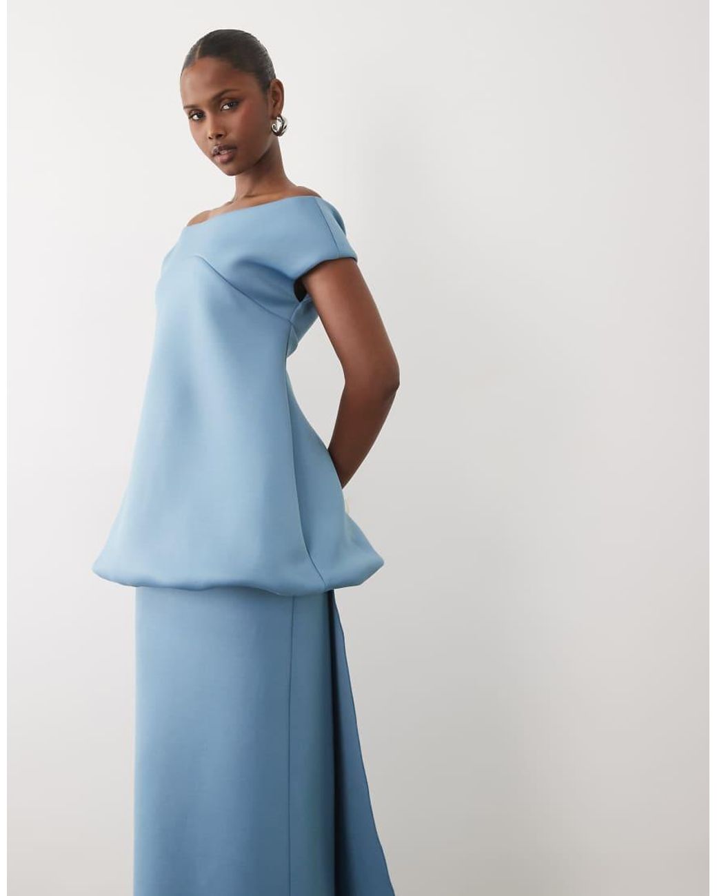 ASOS Blue Bardot Maxi Dress With Train & Bubble Bodice
