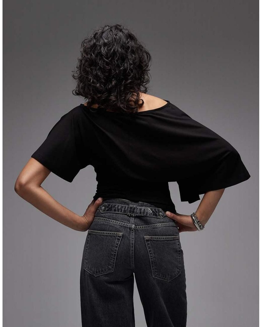 ASOS Black Fallen Shoulder With Cinched Waist Top