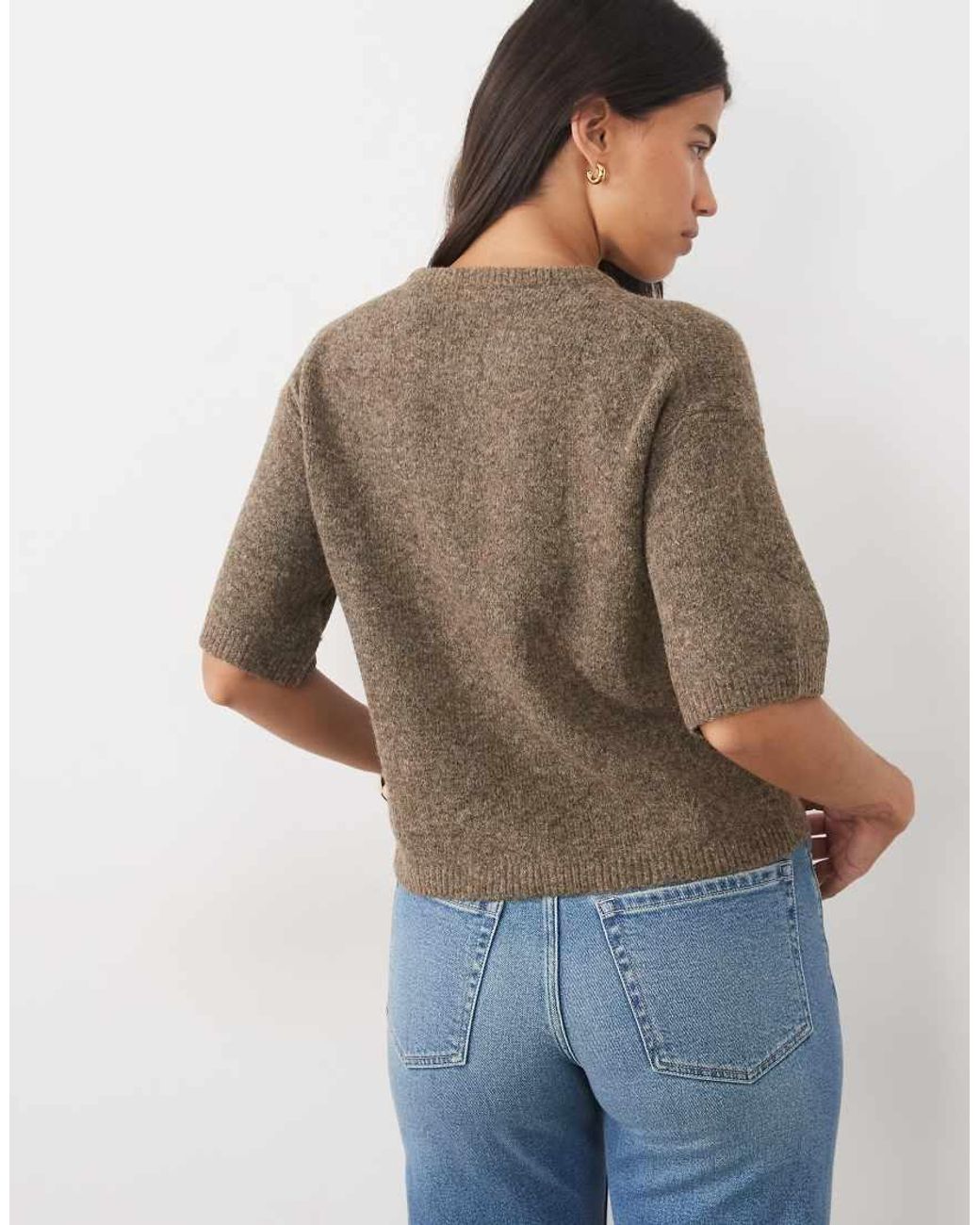 Nobody's Child Brown Wool Mix Knitted Crew Neck Short Sleeve Relaxed Fit Henley Tee