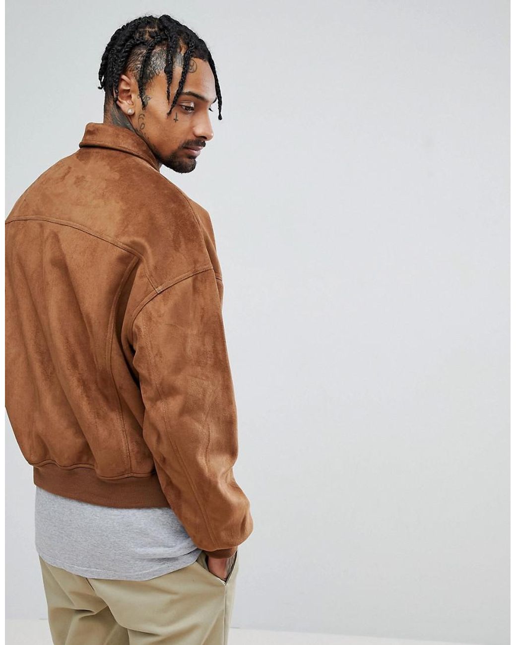 ASOS Design Oversized Faux Suede Harrington Jacket In Tan in Brown for Men