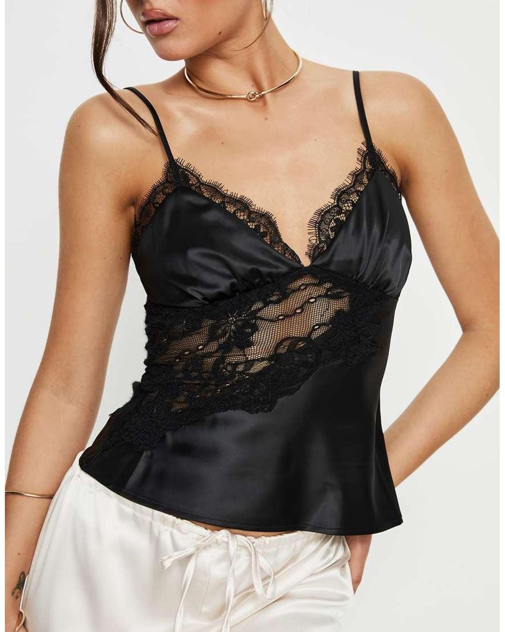 Princess Polly Black Annamari Satin Lace Insert Cami Top