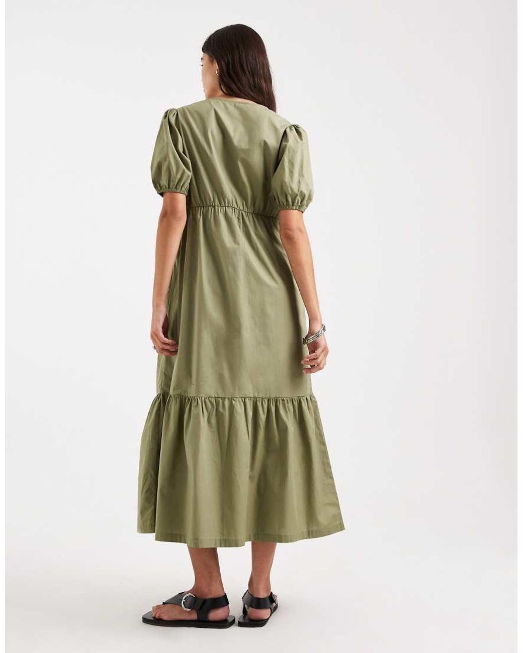Threadbare Green Poplin V Neck Puff Sleeve Midi Dress