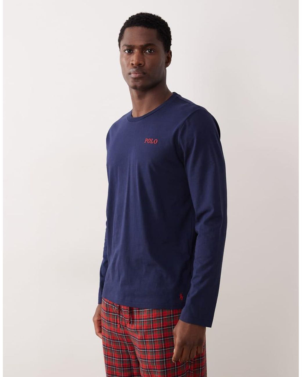 Polo Ralph Lauren Blue Logo Long Sleeve Top And Check Flannel Pyjama Trousers Set for men